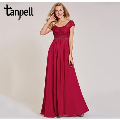 Tanpell long evening dresses burgundy scoop beaded cap sleeves a line floor length dress cheap women prom formal evening gown
