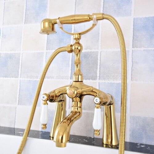 Golden Deck Mounted Telephone Shape Spout Bathtub Mixer Tap Dual Ceramic Handles with hand shower faucets ztf790