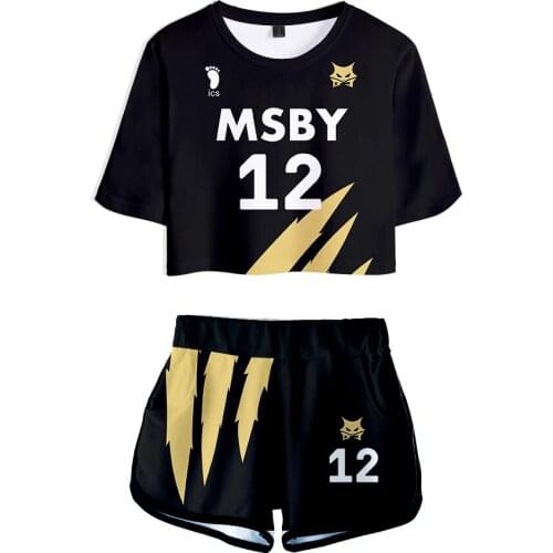 Black 3D Anime Haikyuu!! Exposed Navel T-shirt +shorts womens two-piece Sets New Print Black Wolf MSBY girls Summer two-piece