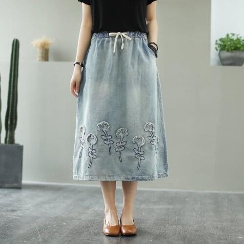 Summer Floral Embroidery Midi Denim Skirt Women Vintage Art Casual Plus Size Drawstring Elastic High Waist Jeans Skirts Female