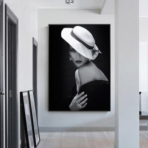 Elegant Women Hat Canvas Painting on The Wall Vintage Posters and Prints Black White Wall Art Picture for Living Room Home Decor