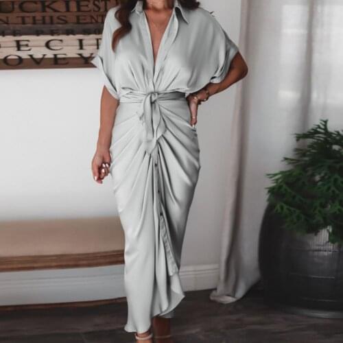 Elegant Office Lady Maxi Dress Turn Down Collar Single-breasted Ruched Solid Color Short Sleeve Buttons Belt Dress Party Vestido