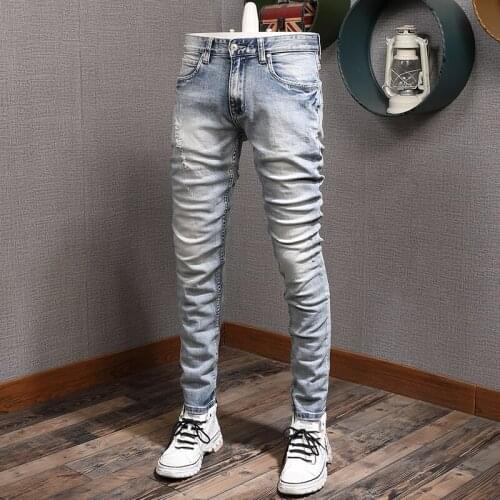 Italian Style Fashion Men Jesns Retro Light Gray Blue Elastic Cotton Slim Fit Ripped Jeans For Men Vintage Designer Denim Pants