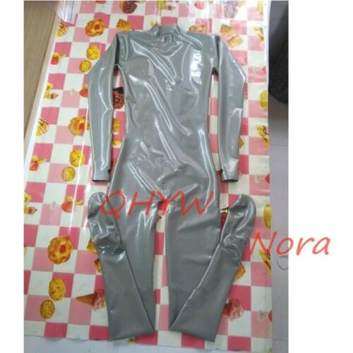 Neck Entry Silver Full Body Latex Catsuit Men Rubber Fetish Bodysuits with Socks with Open Small Hole for Condom