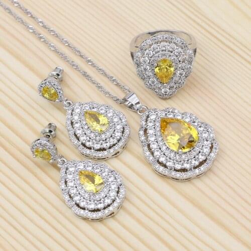 925 Silver Jewelry Sets For Women Yellow Cubic Zirconia White Crystal Water Drop Earrings Pendant Ring Necklace Set