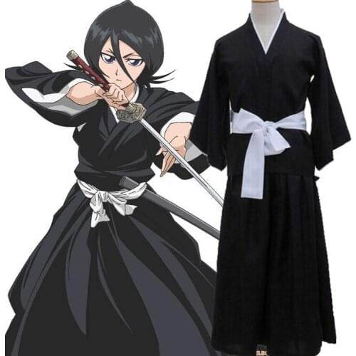 Anime Bleach Kuchiki Rukia Cosplay Costume Women Kimono Kurosaki Ichigo Top+Pants+Belt Men Japanese Anime Carnival Suit