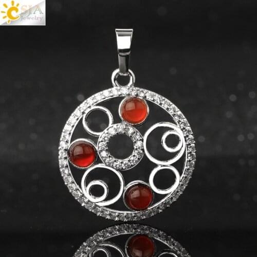 CSJA Round Pendants Natural Stone 4mm Beads Zircon CZ Silver Color Hollow Small Pendant for DIY Necklace Women Girl Jewelry G526