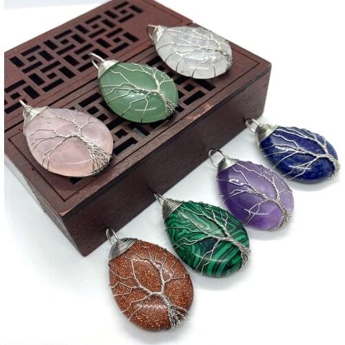 Natural Stone Lapis Lazuli and Amethyst Drop-shaped Winding Pendant Peace Tree Fashion Jewelry DIY Necklace Accessory 45x25 Mm