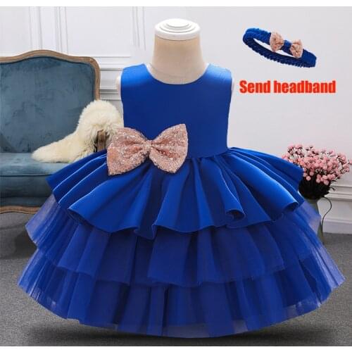 Send Headband 2021 New Formal Child Baptism First 1st Birthday Dress For Baby Girl Clothing Princess Party Dress Bowknot