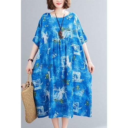 Thin Soft Elegant comfort Women Dress Short Sleeve Cotton Linen Summer Dress Print Floral Female Holiday Beach Casual Dress