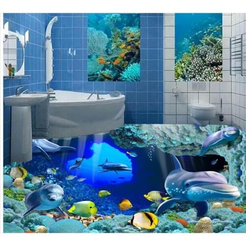 Underwater World 3D bathroom floor mural PVC waterproof self-adhesive floor 3D wallpaper floor for living room