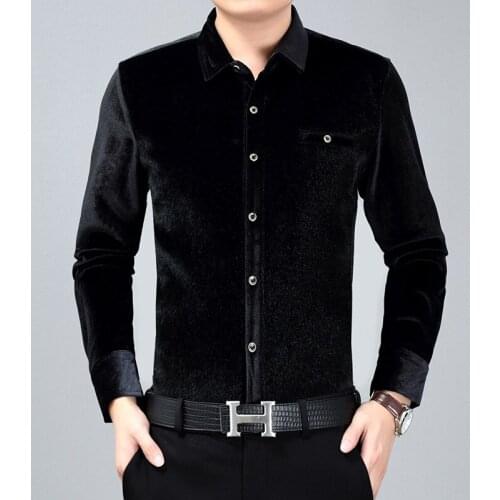 Smart casual solid color luxury middle-aged mens long-sleeved shirt Winter 2018 quality velvet plus thick warm shirt men M-XXXL