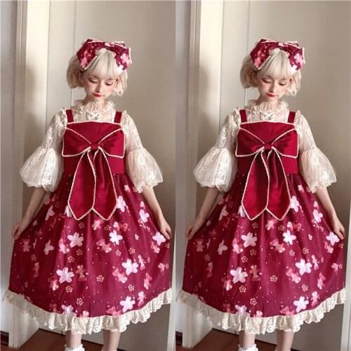 Sakura Golden Fish Princess Sweet Womens Lolita JSK Dress Sleeveless Dress Cute Bows Trim Straps Dress One Piece