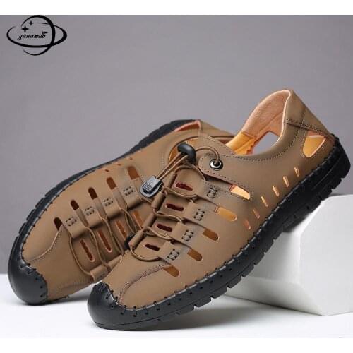 38-48 Plus Size Mens Sandals Summer Male Sandals Ankle-wrap Slip-On Casual Classics Genuine Leather Breathable Shoes Hy55