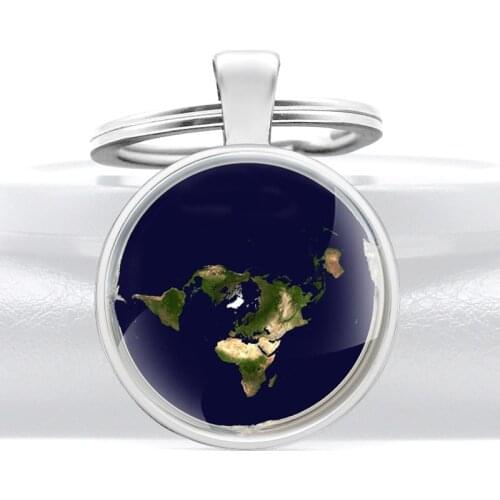 Silver Color Earth is Flat Design Glass Cabochon Metal Pendant Key Chain Charm Men Women Key Ring Jewelry Gifts Keychains