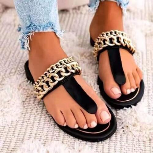 Flip-flops 2021 Summer New Womens Casual Clip Toe Flat Sandals Metal Chain Decoration Fashion Personality Comfortable Hot Sell