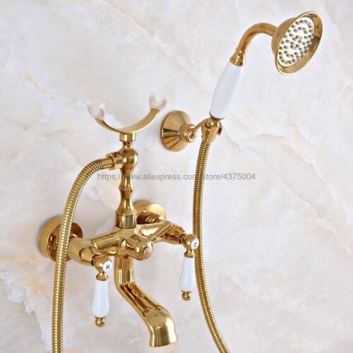Bathtub Faucets Gold Color Brass Wall Mounted Rain Shower Faucet Round Handheld 2 Handle Luxury Bathroom Mixer Tap Set Nna912