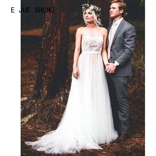 E JUE SHUNG Illusion Tulle Boho Wedding Dresses Scoop Neck Lace Appliques Backless A Line Bridal Wedding Gowns vestido de noiva