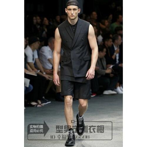 Four seasons show mid long suit sleeveless new vest short clip fashion mens slim Korean British casual