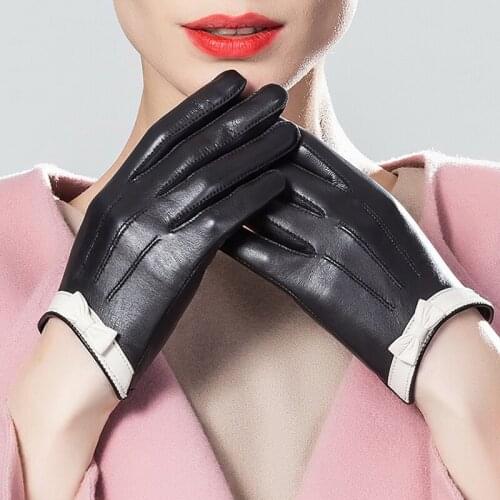 YY8756 Fall/Winter Genuine Leather Gloves Women Ladies Classic Black and White Bow Driving Mittens Touch Screen Short Thin Luvas