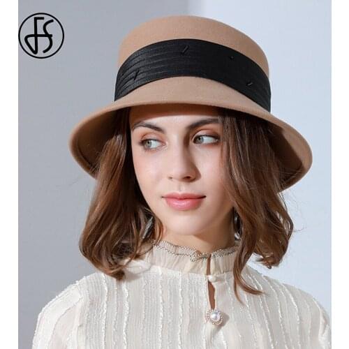 FS British Fashion Wool Felt Flat-top Fedora Hats For Women Autumn Winter Church Cloche Derby Hat Fedoras Bowler Cap With Ribbon
