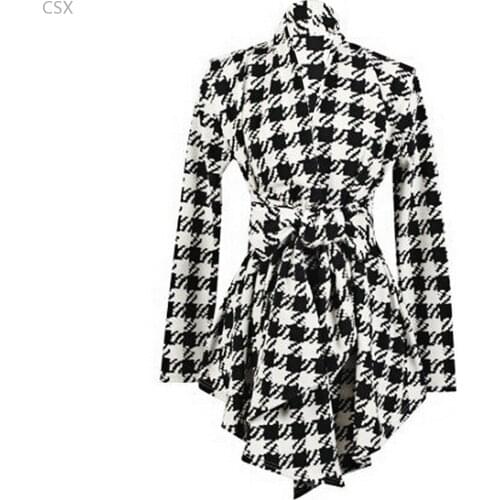 MwOiiOwM Fashion New Women Long Sleeve Jacket Houndstooth Print Cardigan Open Stitch Belt Peplum Slim Coat Tops Outerwear 25