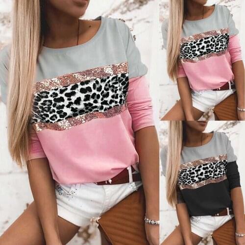 1PCS Women Leopard Print Shirts Sequins Round Neck Long-Sleeved Loose Comfortable Tops Fashion All-match Leisure T-shirt