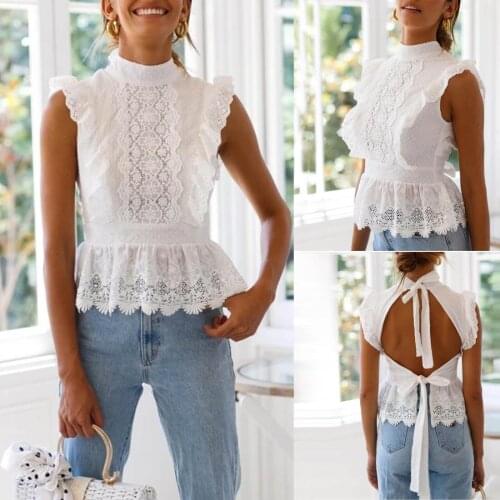 2021 new womens embroidery ruffled halter lace-up short vest elegant womens club party vest top Fashion lace hollow sexy top