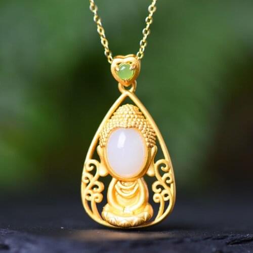 Silver inlaid natural Hetian white jade pendant necklace Chinese style retro unique ancient gold craft womens brand jewelry