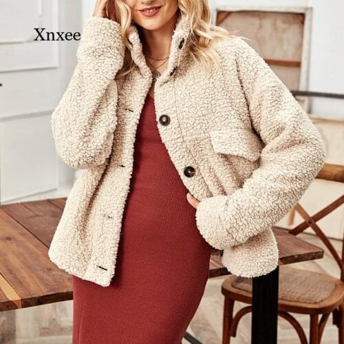 Fall/winter Stand-Collar Womens Teddy Coat Korean Loose Solid Color Artificial Single-Breasted Warm Jacket