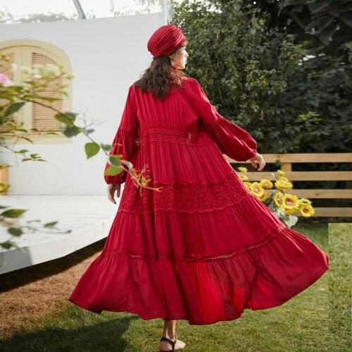 2021 Newest Fashion Runway Christmas Cotton Red Dress Cloth Embroidery Bohemia Beach White Dress Elegant Party Long Dresses