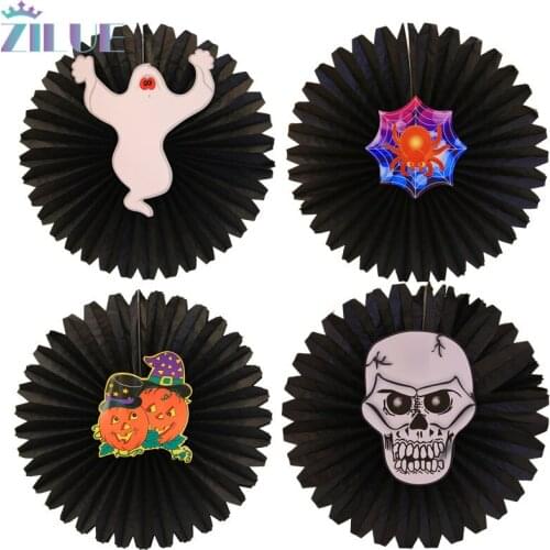 Zilue 1pcs/S Halloween Paper Flower Fans Pumpkin Spider Skeleton Hanging Ornaments For Ghost Festival Bar Party Decoration