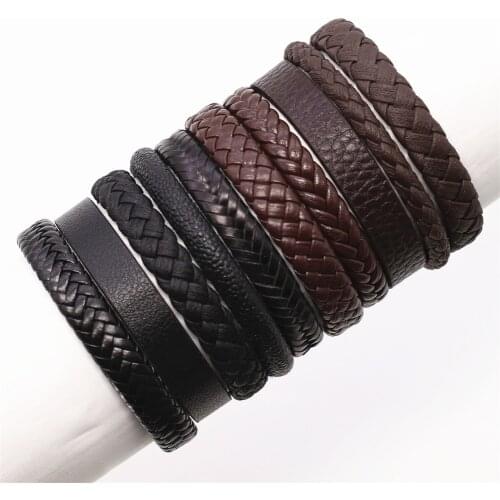 10 Pcs/Set Multi-layer Wrap Rivets Black Brown Leather Bracelets Men Bangles Women Pulsera Beads Homme Male Gift Jewellery