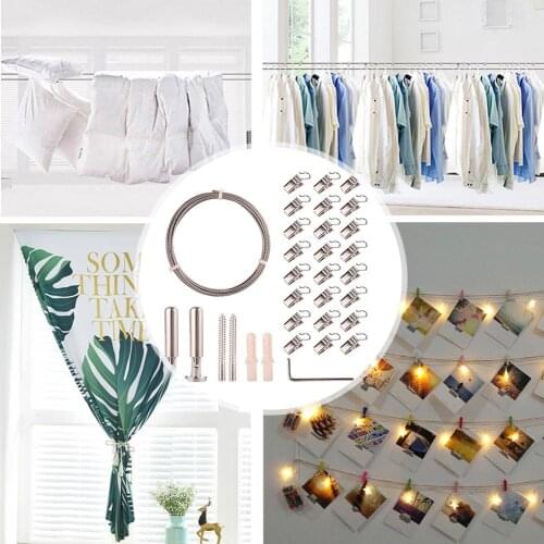 5m Stainless Steel Curtain Pull Rope, Clothesline, With 24 Stainless Steel Clips, Drawstring Suit For Hanging Anything