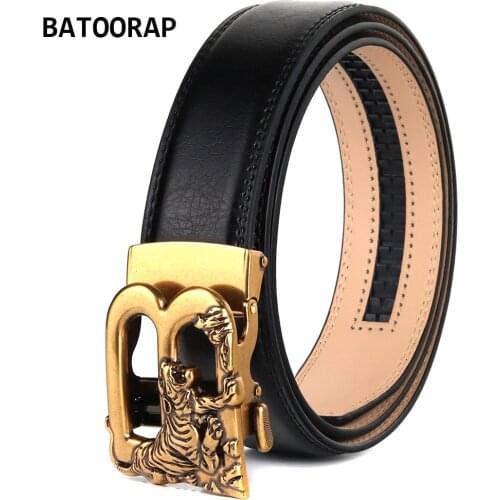 BATOORAP Brand Luxury Belt Men Vintage Gold Tiger Buckle Metal Durable Genuine Leather Ratchet Belt For Fashion Jeans BA-B469