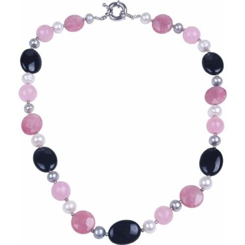 Bohemian Pink Natural Stone Bead Real Baroque Pearl Women Chocker Strand Necklace Jewellery In Circle Hook