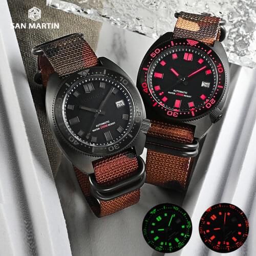 San Martin Watch PVD Black 6105 Abalone Diver Watch Men NH35 Automatic Mechanical Watches NATO Strap 20Bar Date Full Luminous