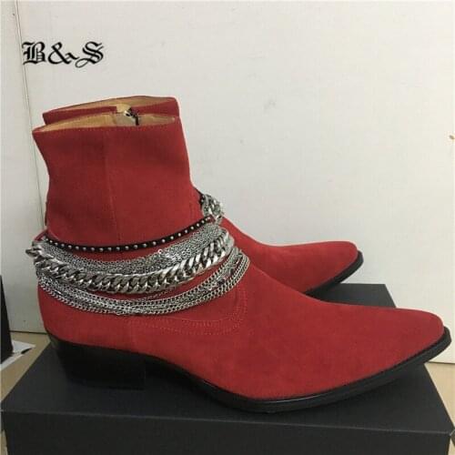 Black& Street luxury Tassel Chain Decoration Red Suede Punk Boots wedge pionted toe exclusived designer brand Boots