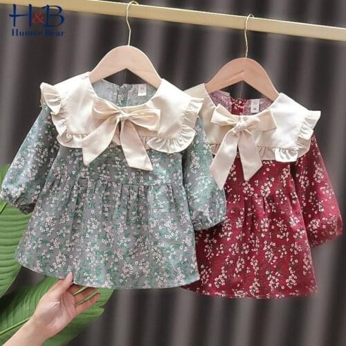 Humor Bear Baby Dress New Spring Autumn Long Sleeve Ruffle Floral Printed Sweet Princess Dress Toddler Infant Clothes