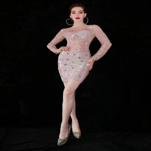 H180 Party Diamond Drilling Chain Perspective Long Sleeves Gem Elastic Stretched Tight Sexy Model Nightclub Fashion Performance