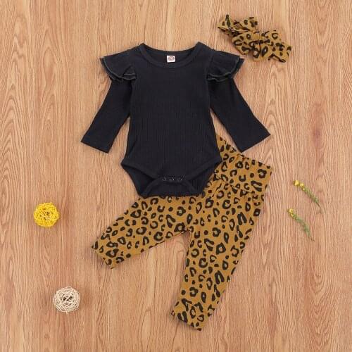 3PCS Baby Girl Clothing Kid Girl Leopard Flying Sleeve Jumpsuit Trousers Headband Autumn Fall Spring Outfits Infant Clothing