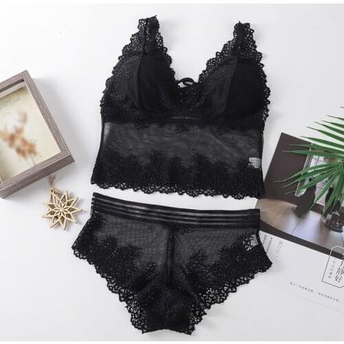 Women Bras Set Sexy Solid Color Lace No Trace Wrapped Chest Gather Bra Panties Set Female Underwear Set