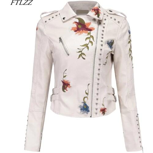 FTLZZ Floral Print Embroidery Women Pu Leather Jacket Turn-down Collar Faux Soft Leather Motorcycle Black Short Punk Outerwear
