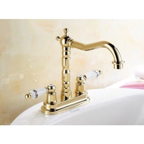 Luxury Gold Color Brass 4" Centerset Kitchen Bathroom Two Holes Basin Faucet Sink Tap Dual Ceramics Handles Swivel Spout anf322