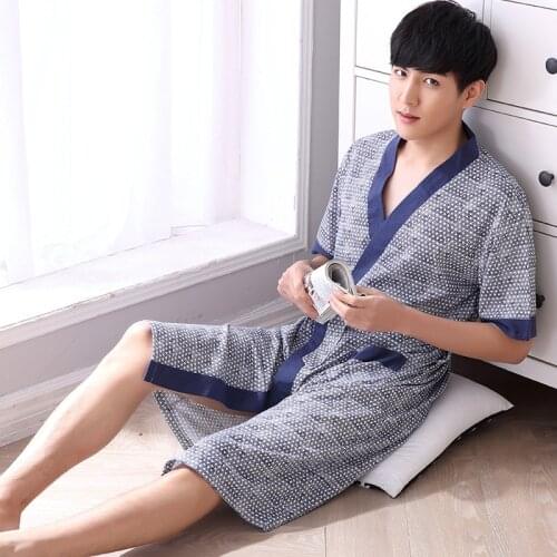 Summer Robes Men Cotton Short-sleeve Mens japanese Style Bathrobe 100% Cotton Sleepwear Thin Plus Size 4XL