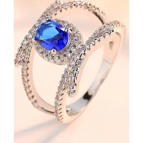MFY Fashion X-shaped Double Row Bifurcated Zircon Blue Crystal Ring For Wome Hollow Temperament Ladies Banquet Party Ring