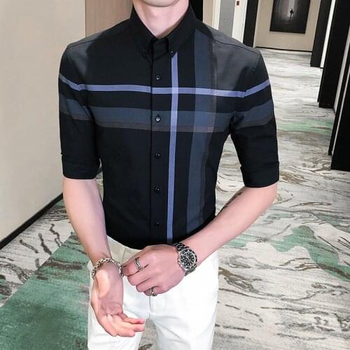 Mens Plaid Shirt 2021 Summer New Hot Sale Fashion Slim British Style Shirt High Quality Turn Leader Casual Shirt Retro Shirt