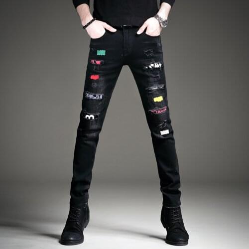 2021 Mens Embroidery Patch Hole Jeans, Korean Version Slim-fit Elastic Casual Jeans, Boy’s Beggar Style Washed Denim Jeans