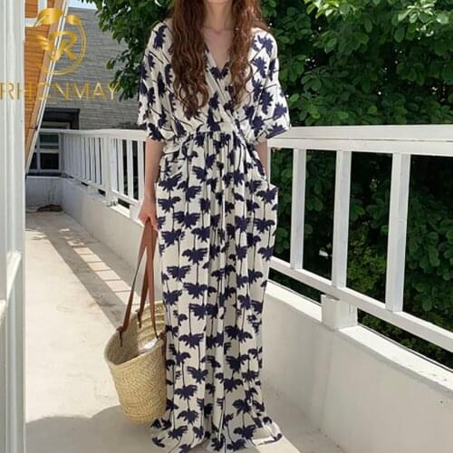 Korea New 2021 Summer Pocket V Neck Short Sleeve Long Dress Fashion Women Floral Printed Party Holiday Vestidos Chic Dress