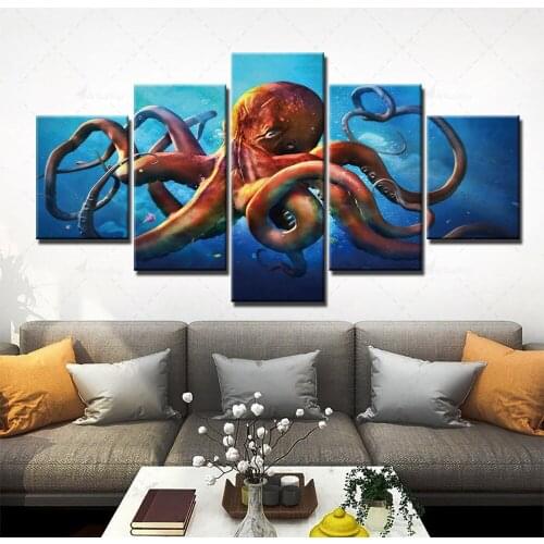 Prints Poster Wall Art Modular Canvas Octopus Pictures Modern Painting Home Background 5 Panel Living Room Animal Decor Framed